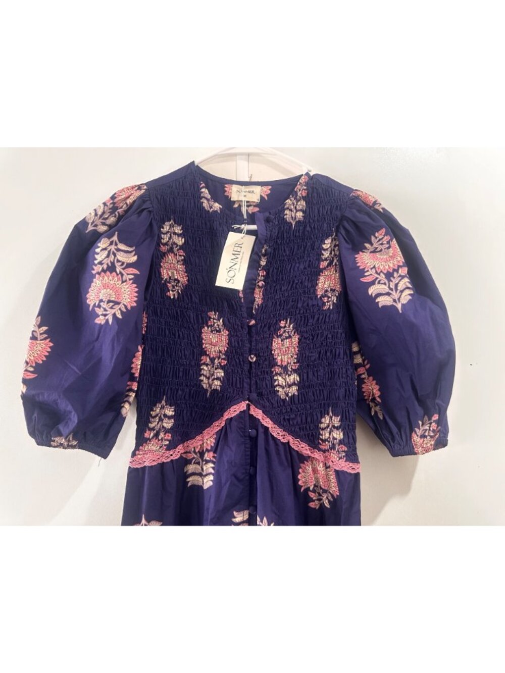 SONMER Peasant Magnolia Maxi Dress Small Womens Purple Ballon Sleeves Smocked - Picture 6 of 16